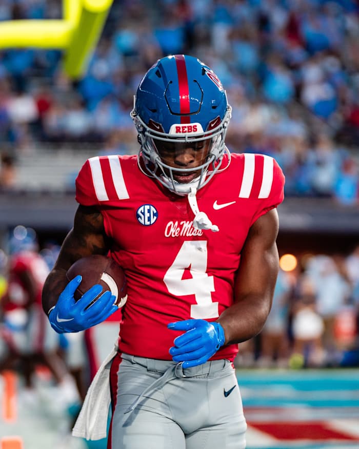 Ole Miss running back Quinshon Judkins in pregame warmups on Saturday night.